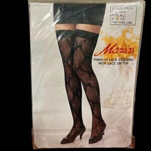 NEW Maria Vintage BLACK Thigh-Hi Lace Stocking with Top Lace Bow Design OSFA